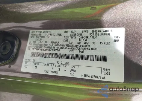 2021 Ford F-150 Xl from USA, damaged, VIN 1FTMF1E5XMKF04768